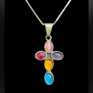 Vintage 925 Silver Cross Pendant Necklace With Multicolored Gemstones